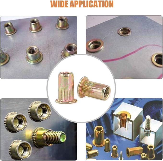 Keadic 150Pcs M4 Rivet Nuts Metric Zinc Plated Rivet Nut Carbon Steel Rivet Nut Flat Head Threaded Insert Kit Threaded Rivet Insert Nutsert Rivnuts Kit for Furniture
