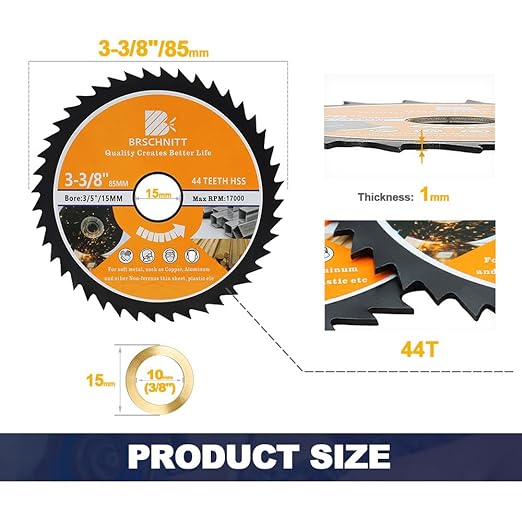 HSS Circular Saw Blade 3 3/8inch - BRSCHNITT 10pcs 44T 3/5"-3/8" Bore Cutting Discs for Cutting Wood, Copper, Aluminum, Plastic and Soft Metal