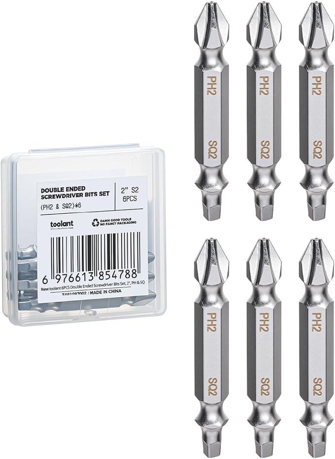 toolant Double-Ended Screwdriver Power Bit, 6Pcs 2 Inch PH2/SQ2,#2 Phillips /#2 Square Impact Driver Bits,Square Screwdriver Bit Set With Magnetic, Two Sides Screwdriver Bits Set with Storage