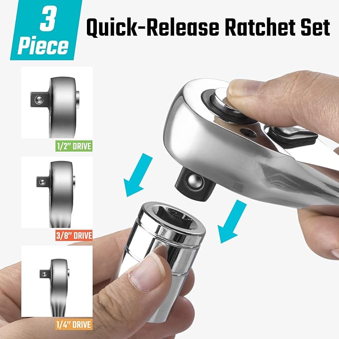 DURATECH 3-Piece Ratchet Set, 1/4", 3/8", 1/2", 72-Tooth with Quick-Release Reversible Design, Chrome Alloy Made, Fully Polished, Organized in Storage Case