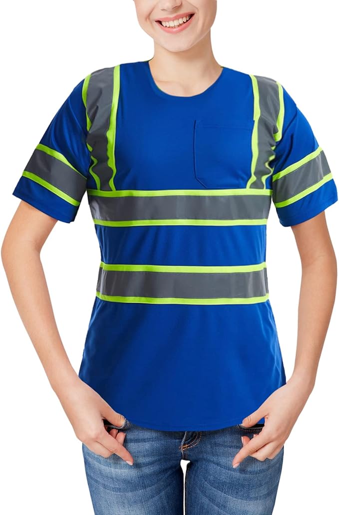 High Visibility Shirts Quick Dry Safety T Shirts with Reflective Strips and Pocket Short Sleeve Mesh Hi Vis Construction Work Class 2 Shirt for Men/Women Blue,4XL