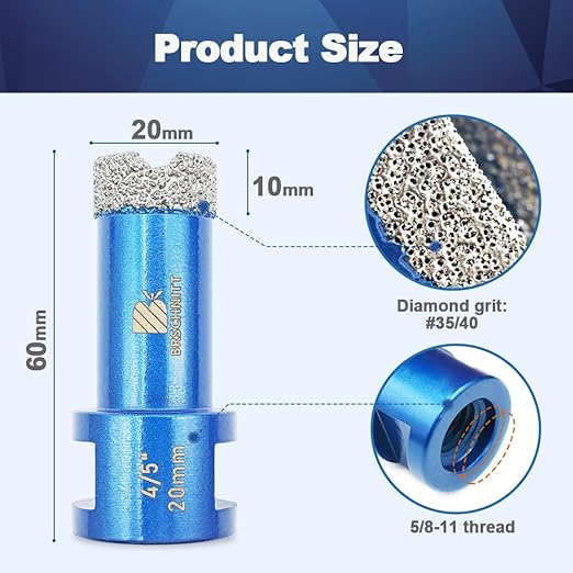 4/5 Inch Diamond Core Drill Bit for Porcelain Tile Ceramic Marble Granite Drilling,BRSCHNITT 2pcs Vacuum Brazed Diamond Hole Saw with 5/8-11 Thread (20mm 2pcs)