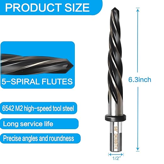 5/8” Bridge Construction Reamer Drill Bit, M2 HSS Taper Chucking Reamer for Steel Alloy Metal Wood Plastic, 1/2" Non-Slip Shank, 5-Spiral Flutes Car Reamer, to Align or Enlarge Holes, 16mm