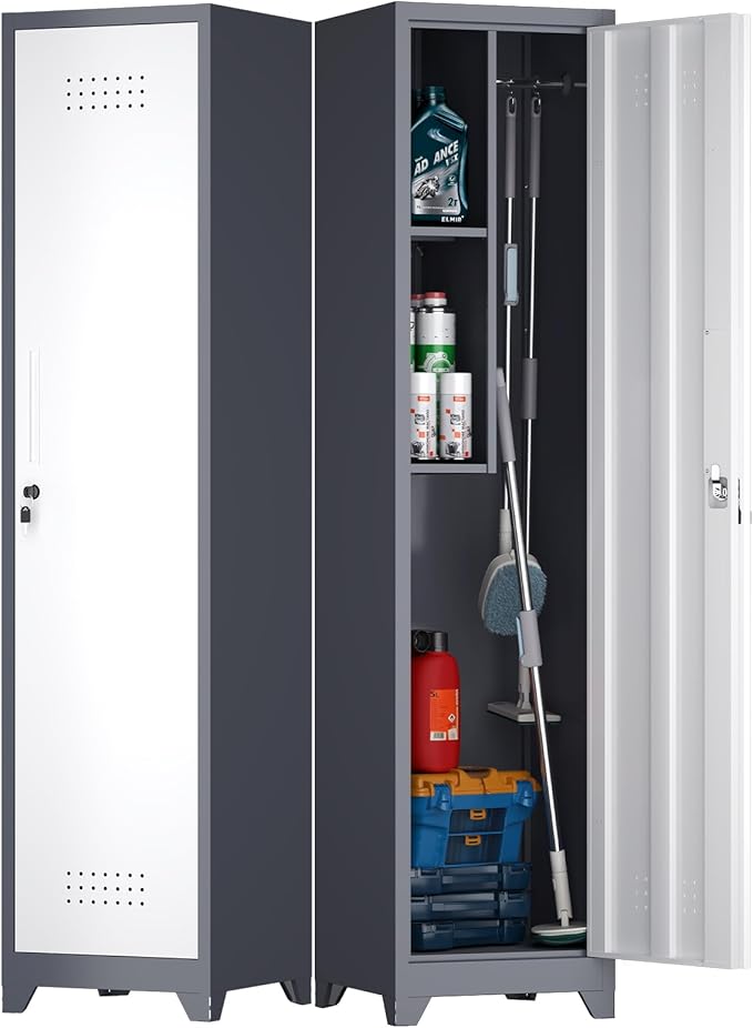 65" H Slim Broom Storage Cabinets, Metal Broom Closet with Hanging Rod & S-Hooks, Utility Cabinet for Brooms and Mops, Indoor Cleaning Storage Cabinet with Shelf for Bedroom, Bathroom, Garage