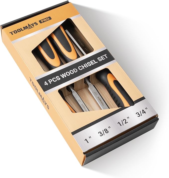 4-Piece Wood Chisel Set, Carbon Steel Blades with Ergonomic Handle, 3/8" 1/2" 3/4" 1" for Woodworking, Durable Metal Strike Cap (5-inch Handle for Comfortable Grip)