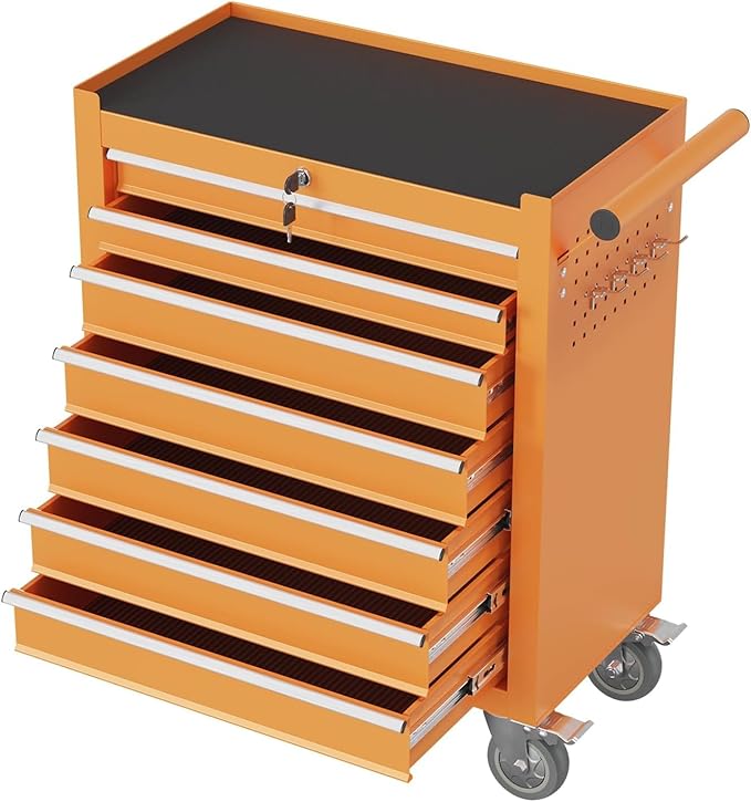 7-Drawer Rolling Tool Chest,Metal Rolling Tool Chest with Wheels and Locking Tool Box,Portable Metal Tool Box for Warehouse,Garage, Repair Shop, Workshop (Orange,7-Drawer)