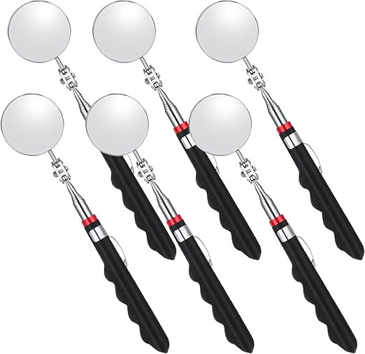 6 Pcs Extended Handle Telescopic Mirror Set - Car Inspection Mirror, 50mm Diameter, Round Handle, 360-Degree Rotation, Stainless Steel Universal Folding Telescopic Round Mirror (Black)