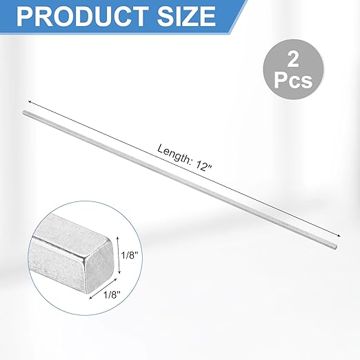 uxcell 2 Pcs Square Steel Key Stock, 1/8" x 1/8" x 12" Cold-Drawn 45# Steel Bars Precision Key Stock for Gearbox Coupling, Silver Tone