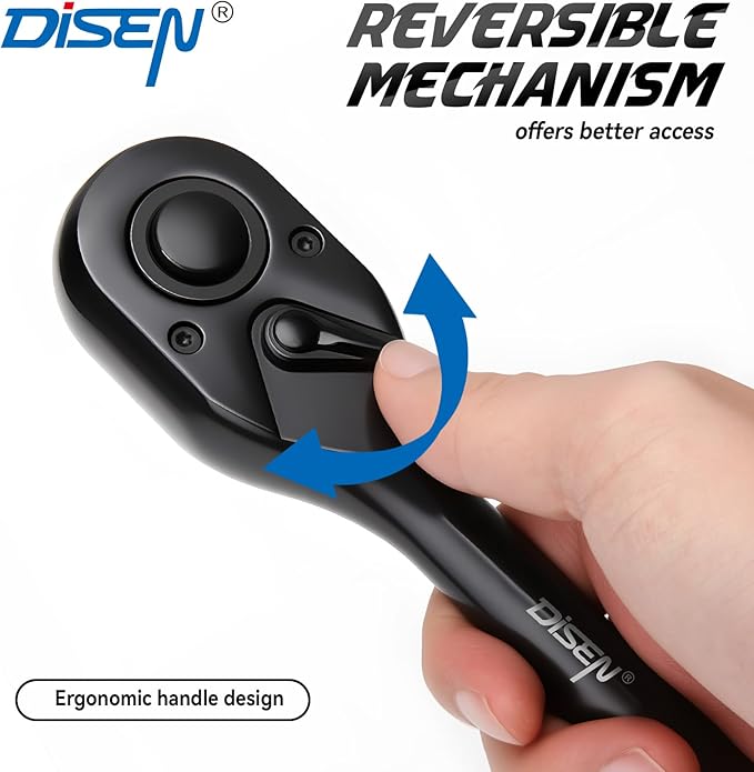 DISEN 3pcs Black Ratchet Set (1/2", 3/8", 1/4" Drive) - 90-Tooth Reversible with Non-Slip Rubber Grip, Quick Release & EVA Tray - Professional Ratchet Wrench Handle Kit