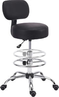 Drafting Chair with Backrest, Adjustable Foot Rest Height Rolling Stool with Wheels, Leather Swivel Work Shop Office Stools Chairs, Thick Seat Cushion Tall Kitchen Home Bar Stool - Black