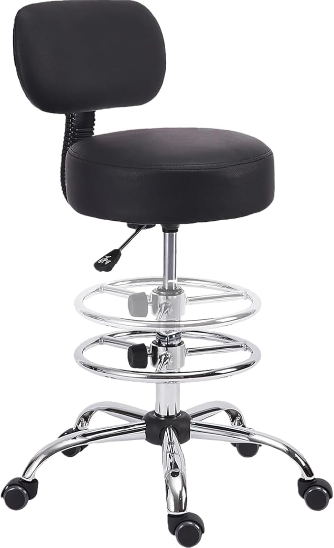 Drafting Chair with Backrest, Adjustable Foot Rest Height Rolling Stool with Wheels, Leather Swivel Work Shop Office Stools Chairs, Thick Seat Cushion Tall Kitchen Home Bar Stool - Black