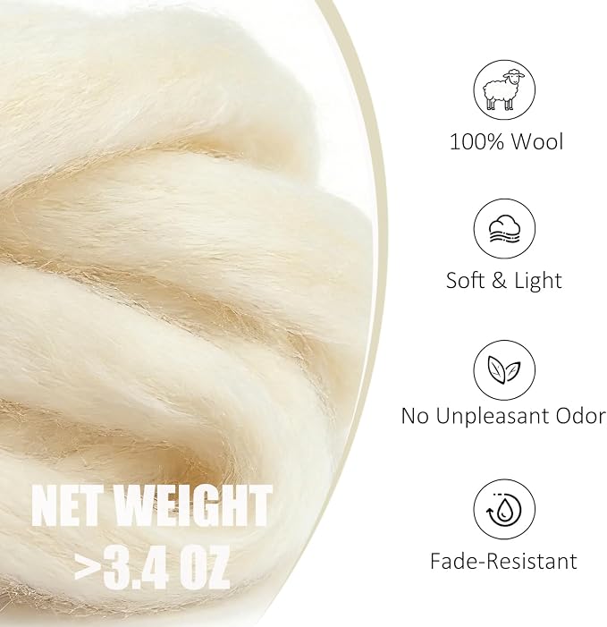 3.4oz Felting Wool Coconut Milk, Needle Felting Wool, Wool Roving - Image 2