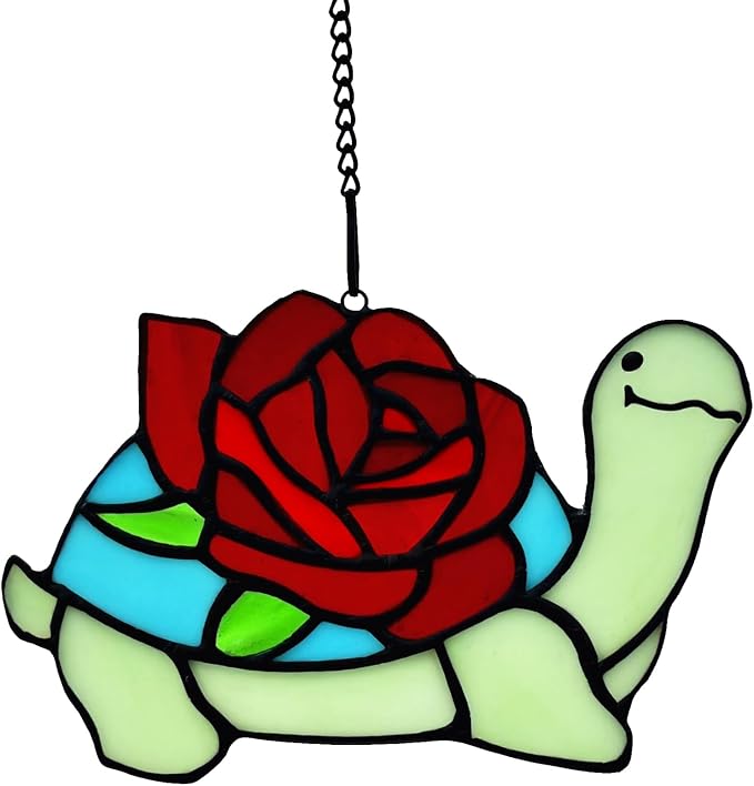 Stained Glass Turtle with Rose Birthday Gifts by Handcraftedstainedglassgifts