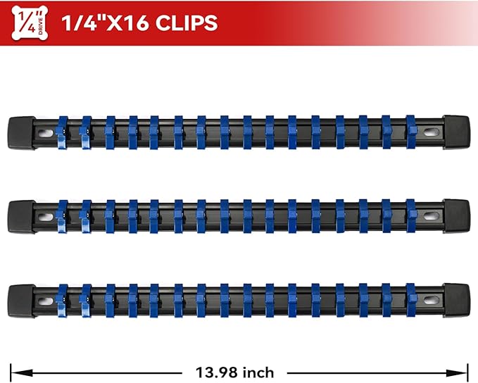 ALOANES 3 PC ABS Socket Organizer, 1/4 inch, Drive Socket Rail Holders, Heavy Duty Socket Racks, Black Rails with Blue Clips
