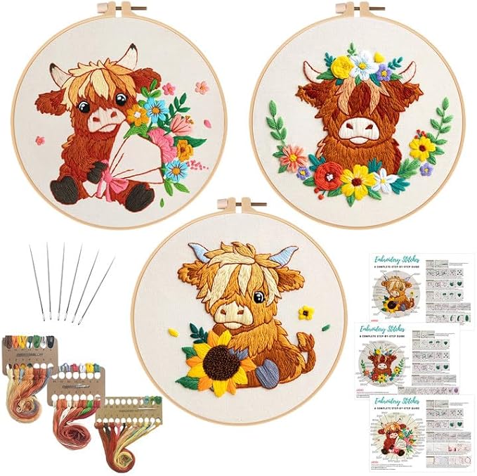 Nuberlic Highland Cow Embroidery Kit 3 Pack Embroidery Kits by Nuberlic