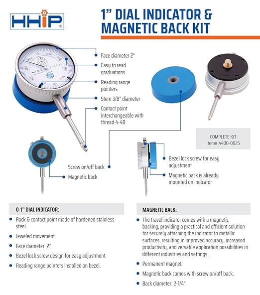 HHIP 4400-0025 1" Dial Indicator and Magnetic Back Set