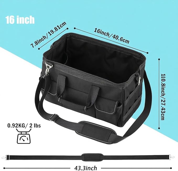 Tool Bag, Heavy Duty Tool Bag 16-Inch, Portable Tool Bags Organizer, Waterproof Soft Handle & Padded Large Zipper Carrying, Black