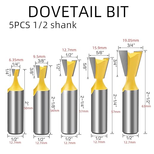 5Pcs Dovetail Router Bit Set 1/2 Inch Shank Half-Blind & Through Dovetail Bits Wood Joints Cutter Tool for Making Boxes Drawers Chests For Engraving Router planing Head Wood Cutter