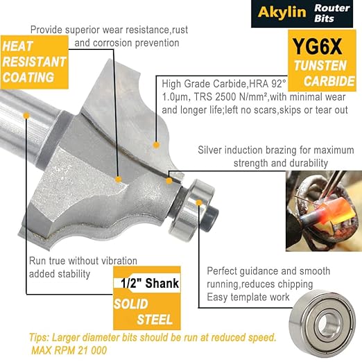 4Pcs Wavy Edge Molding Router Bits,1/2" Shank,3/4",7/8",1-1/8",1-1/4" Cutting Height for Wood Table Edging,Picture Frames Profiling,Furniture Moulds Projects with Bearing Guided