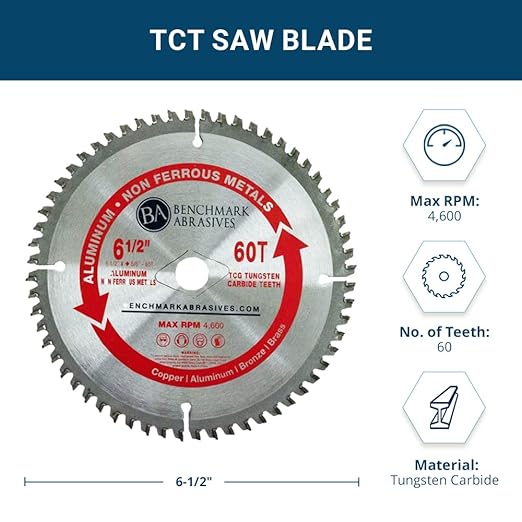 Benchmark Abrasives TCT 6 1/2 Inch Circular Saw Blade, Tungsten Carbide Tipped Non Ferrous Metal Cutting Saw Blade for Plastic, Fiberglass, Aluminum - 60 Teeth