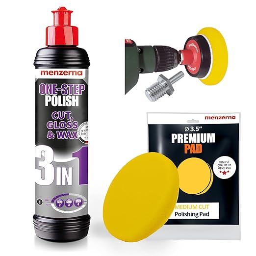 menzerna 3in1 Polishing Set – One-Step Polish + Drill Machine Adapter + Medium Cut Pad | Polish Your Car with a Cordless Drill
