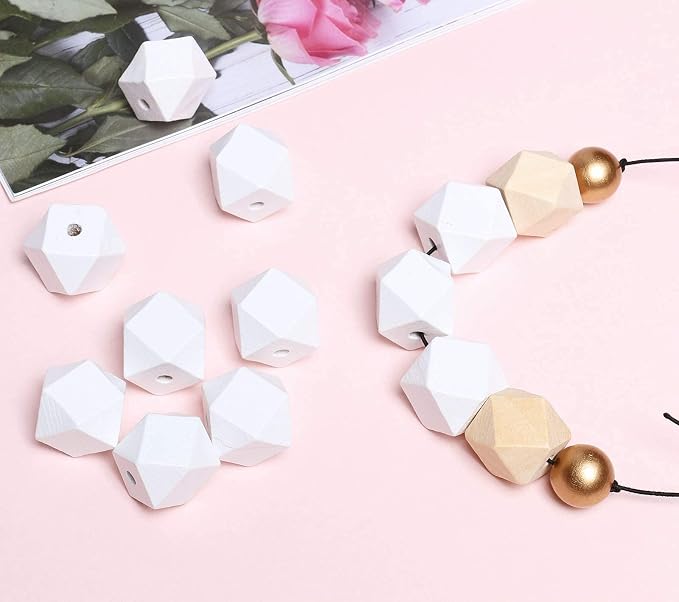 20mm White Wooden Geometric Beads - Image 3
