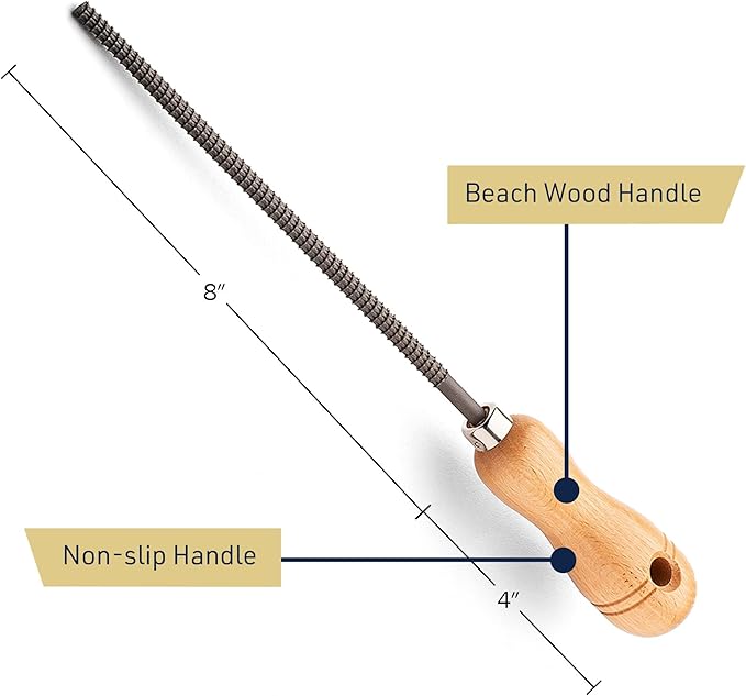 8” Round File Tool - High Quality Steel Round Metal File Woodworking Rasp with 4” Beech Wood Handle - Durable and Long-Lasting Wood Rasps for Woodworking to Shape Curved Surfaces by Kings County Tools