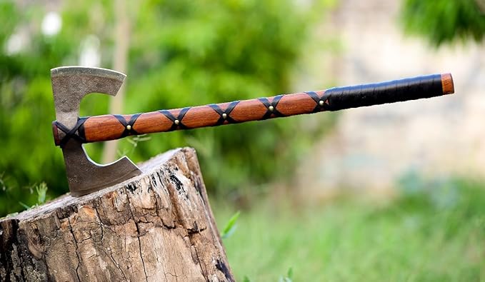 Double-Headed Viking Battle Axe with Leather Sheath, Hand Forged Steel, Wooden Handle, Camping, Hinking, Hunting, Gift, Hatchet Axe