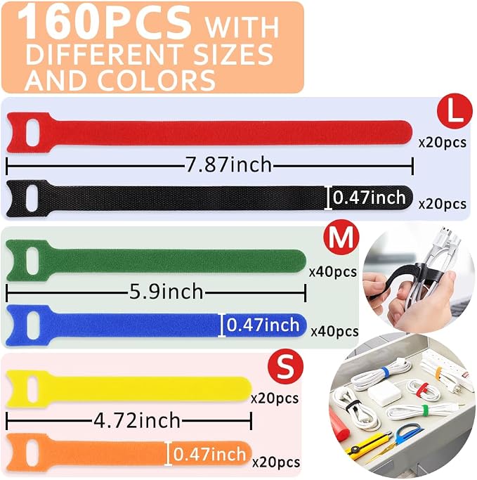 160pcs Cable Ties Reusable Colorful Wire Ties Cable Management Cord Ties - Image 4