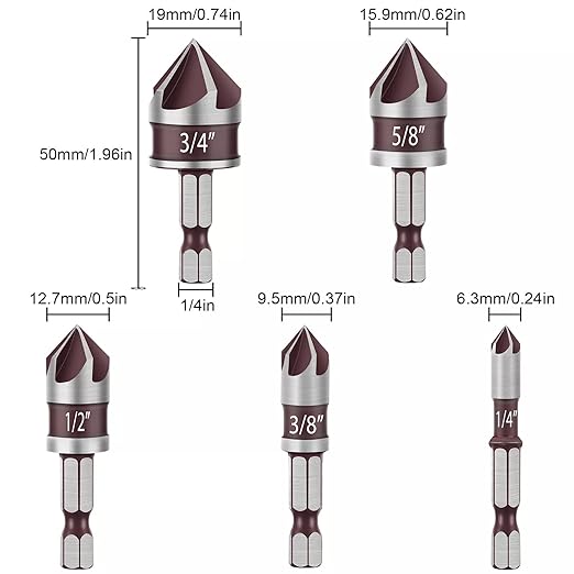 5PCS Countersink Drill Bit Set, 82 Degree HSS Counter Sink Drill Bit for Wood, Metal, Plastic, 1/4"-3/4" with 1/4" Hex Shank Countersink Bit Set