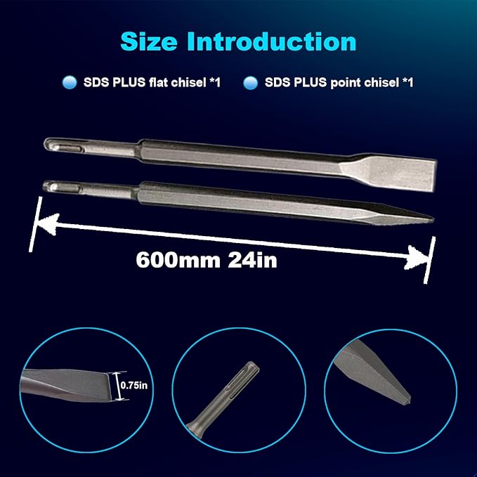 24-Inch SDS Plus Chisel Set, 3/4 Inch Flat Chisel and Point Chisel with Sds Plus Shank Ideal for Concrete Demolition, Tile Removal Chisel Tool for SDS Plus Hammer Drill Attachment