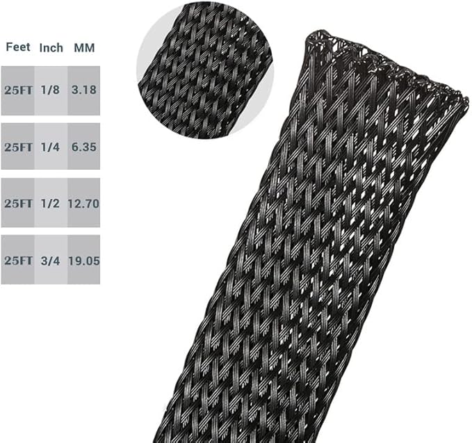 PET Expandable Braided Sleeving Wire Loom 1/8 Inch Cable Wrap Cable Sleeve Wire Protector Sleeve Tubing 25Feet, Black