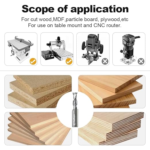FivePears Up Cut Spiral Router Bit for CNC, 3/8 inch Cutting Diameter and 1-1/4 inch Cutting Length 1/2 inch Shank Carbide End Mill Router Bit for Wood Carving Engraving Grinding Grooving