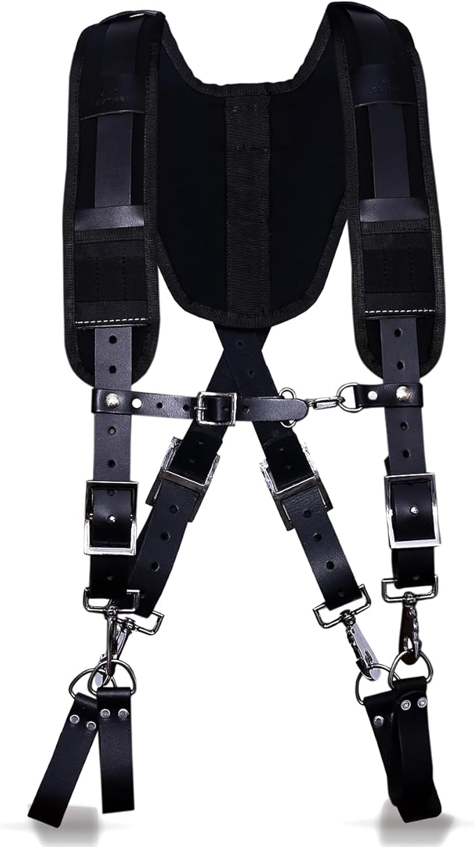 PRO-01 Leather Tool Belts for mens, Tool Belt with Suspenders, Comfort Back Support with stainless steel Buckle for Construction, Framers (Black padding, Extra Large)