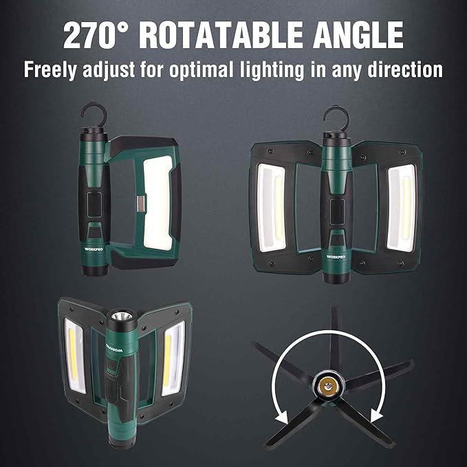 WORKPRO Rechargeable USB-C LED Work Light, Foldable Magnetic Light with Hanging Hook, 270° Rotatable, Tripod Mountable, Cordless Flashlight Light for Garage, Workshop, Auto Repair, Camping