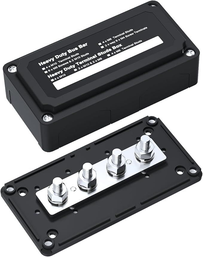 300A Bus Bar Box Nickel Plated Brass Power Distribution Block with 4xM8 (5/16 inch) Terminal Studs Negative Ground Battery Junction Block Buss Bar with Cover DC12 24 48V for Trailer Marine