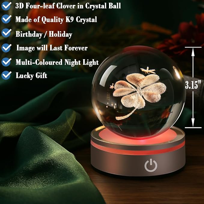 IFOLAINA Crystal Ball Lamp, 3D Four Leaf Clover K9 Decorative Night Light - Image 2