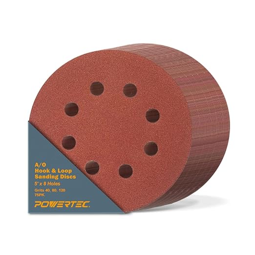 POWERTEC 75PK, 40/80/120 Grits, Sanding Discs 5 Inch - Hook and Loop, 5 Inch 8 Hole Aluminum Oxide Sandpaper Discs, Woodworking Sanding Pads for Random Orbital, Palm, Air & Pneumatic Sander (45003)