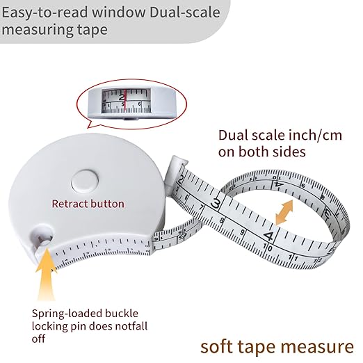 Tape Measure for Body Measurement 60Inch Window Reading & Ergonomic Curve Design Soft Flexible Sewing Tape with Lock Pin Weight Loss Fitness Muscle Building Medical Nursing Dual Scale (White)