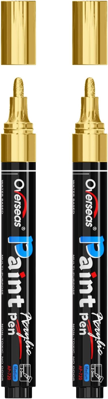 Overseas 2 Pack Gold Acrylic Paint Pens Permanent Markers, Medium Tip | by Overseas