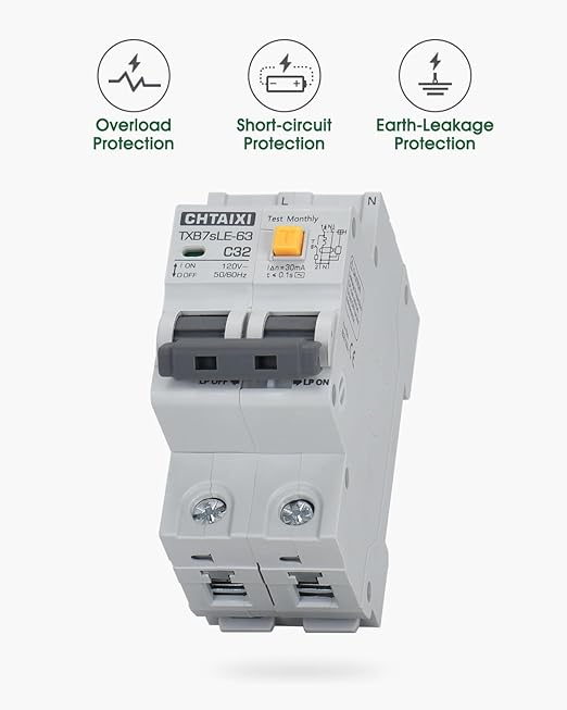 Ground Fault Circuit Breaker, 32 Amp 120V AC DIN Rail Mount Residual Current Circuit Breaker, Thermal-Magnetic Trip, Earth-Leakage Protection 30mA 1PN RCBO C32