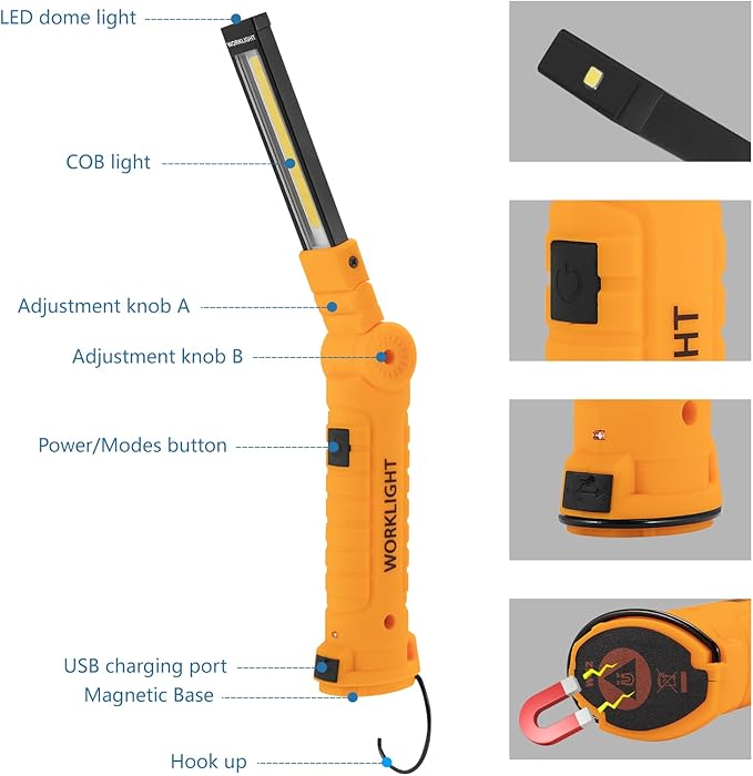 LED Rechargeable Flashlights Work Lights,Vagocom Mechanic Tools Cordless Worklight with Magnetic Base 360°Rotate 5 Modes,Portable Emergency Light for Handmade,Automotive,Camping and Mens Gifts(2 Pack)