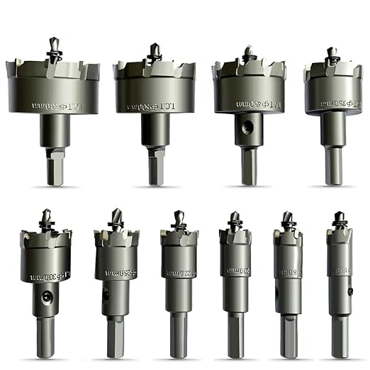 10Pcs TCT Carbide Hole Saw Kit for Metal, 5/8" to 2-1/8" Pilot Drill Bits for Metal, Tungsten Carbide Hole Cutter Set, Titanium-Plated Stainless Steel for Iron, Wood, Plastic