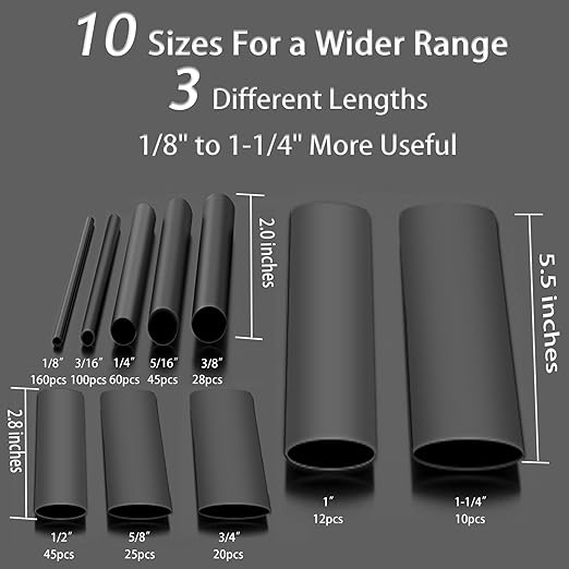 10 Sizes 505 Pieces Large Adhesive Heat Shrink Tubing Kit 3:1 Ratio Industrial Marine Grade Waterproof