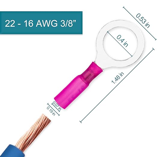 60 PCS Heat Shrink Wire Connectors, 22-16 AWG Ring Terminals, 22-16 Gauge 3/8" Stud(M10) Automotive Marine Ring Connectors by Housun