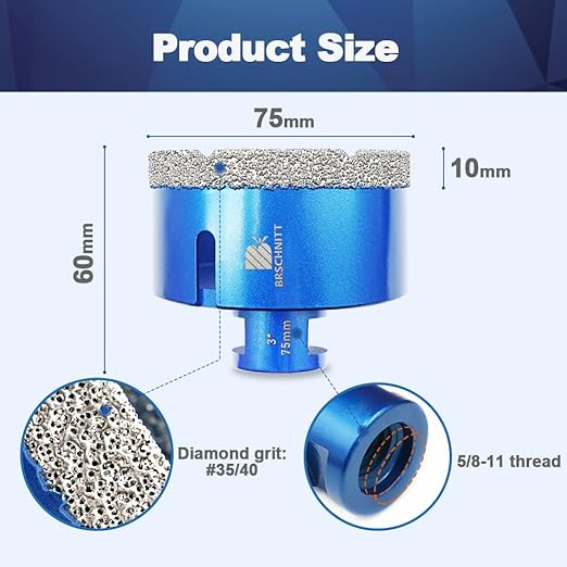 3 Inch Diamond Core Drill Bit for Porcelain Tile Ceramic Marble Granite Drilling,BRSCHNITT 2pcs Vacuum Brazed Diamond Hole Saw with 5/8-11 Thread (75mm 2pcs)
