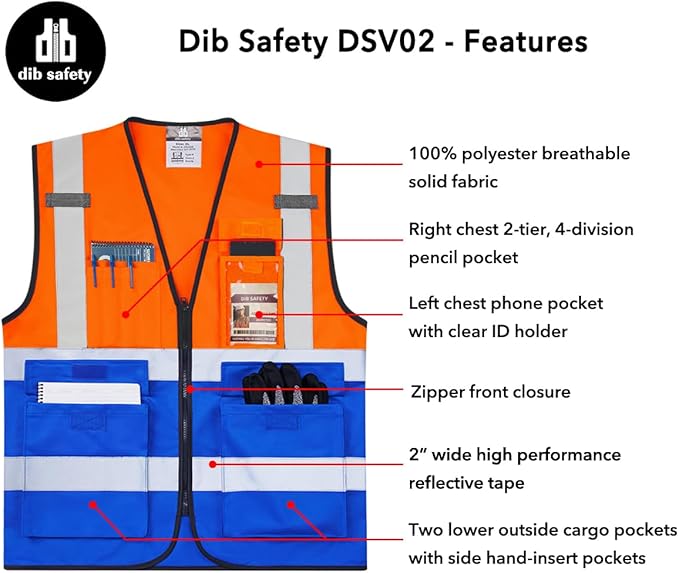 Dib Safety Reflective Vest High Visibility with Pockets and Zipper, Orange and Blue S