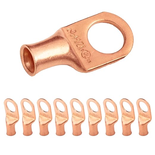 SELTERM 10pcs 4 AWG - 1/2" Stud - Battery Lugs, Heavy Duty Wire Lugs, Ring Terminals, Battery Cable Ends,4 Guage Terminals, UL Bare Copper Eyelets Electrical Battery Terminal Connectors