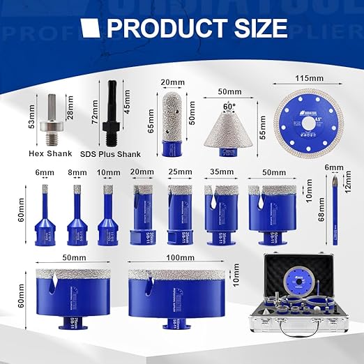 SHDIATOOL Diamond Tile Drill Bits Kit 15pcs, Porcelain Hole Saw Sets, Core Bits Cutter for Drilling Ceramic Marble Granite (6/8/10/20/25/35/50/75/100/20MM/2/SDS/HEX/6MM/4.5”)