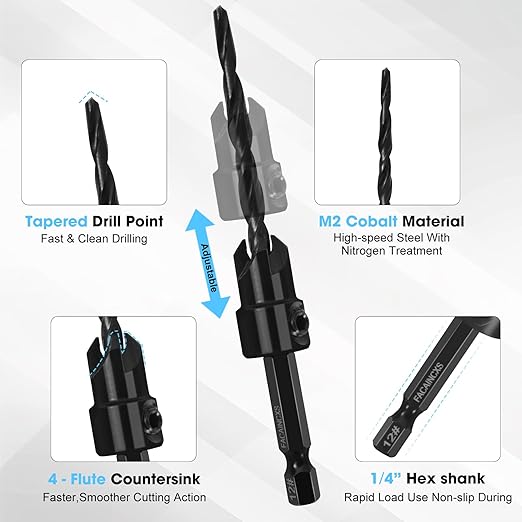 Countersink Drill Bit Set for Wood, 16 PCS High Speed Steel Woodworking Tapered Drill Bits Counter Sink Drill Bit with 2PCS 1/4" Hex Shank Wood Plug Cutter Quick Change with Storage Box